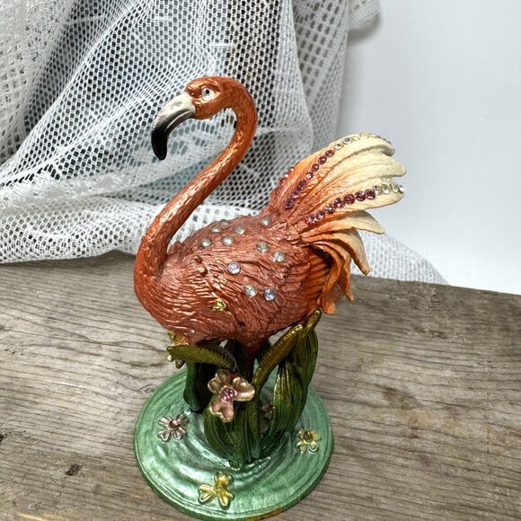 Vintage Enamel Flamingo Trinket Box With Rhinestones & Hinged Lid On Decorative - Picture 8 of 8